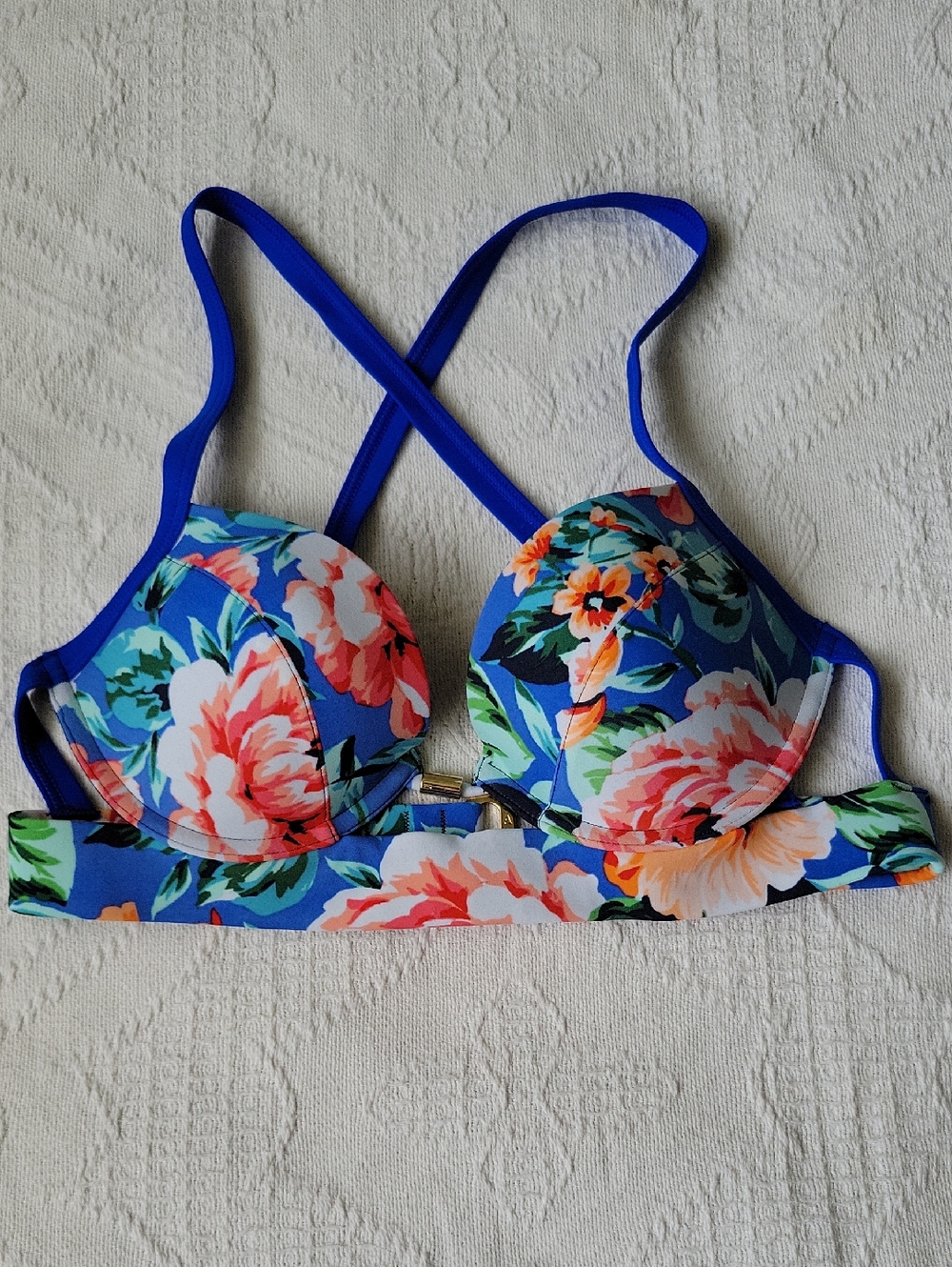 Floral Bikini Top with Blue Straps